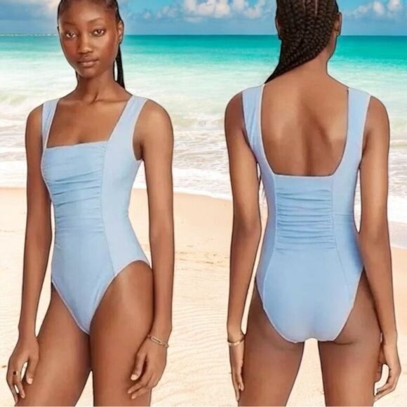 NEW J. Crew Blue Mist Ruched Square Neck One Piece Swim Resort Vacation 24/3X - Picture 1 of 8
